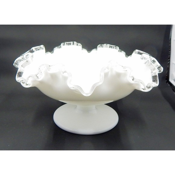 Fenton Silver Crest Milk Glass Ruffled Pedestal Compote Candy Dish Bowl - Picture 2 of 9